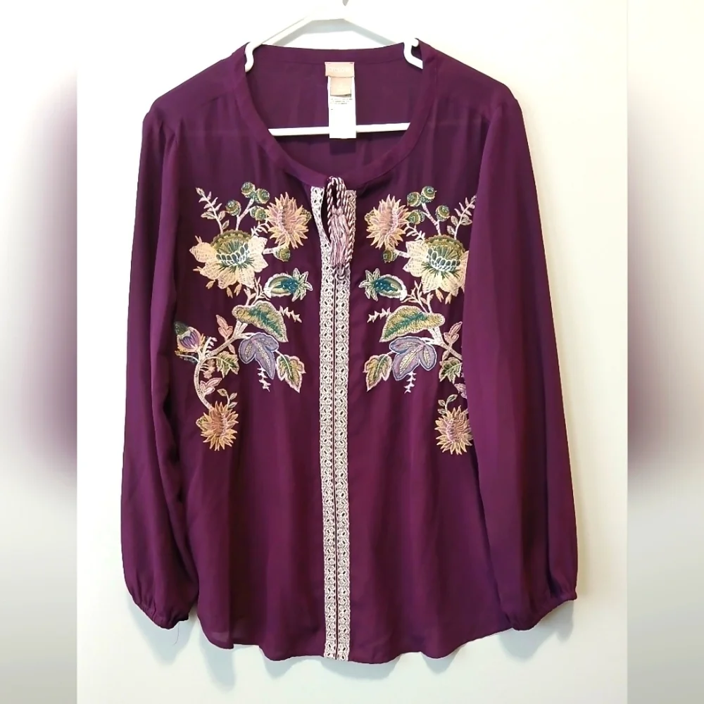 Chico's 2 Floral Embroidered Sheer Tunic Women's L Boho Cottagecore Grannycore